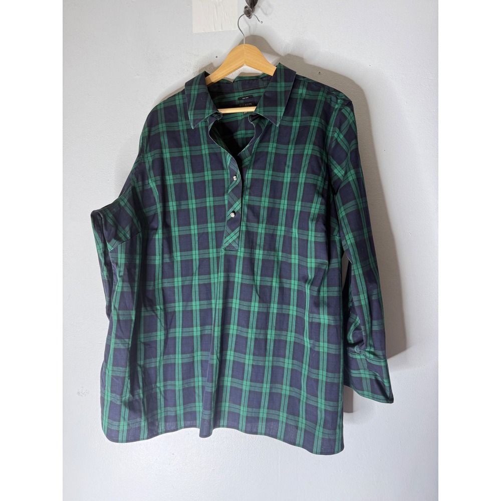 TALBOTS Tunic Top Green Tartan Plaid Popover Poplin Shirt Rhinestone Buttons 20P